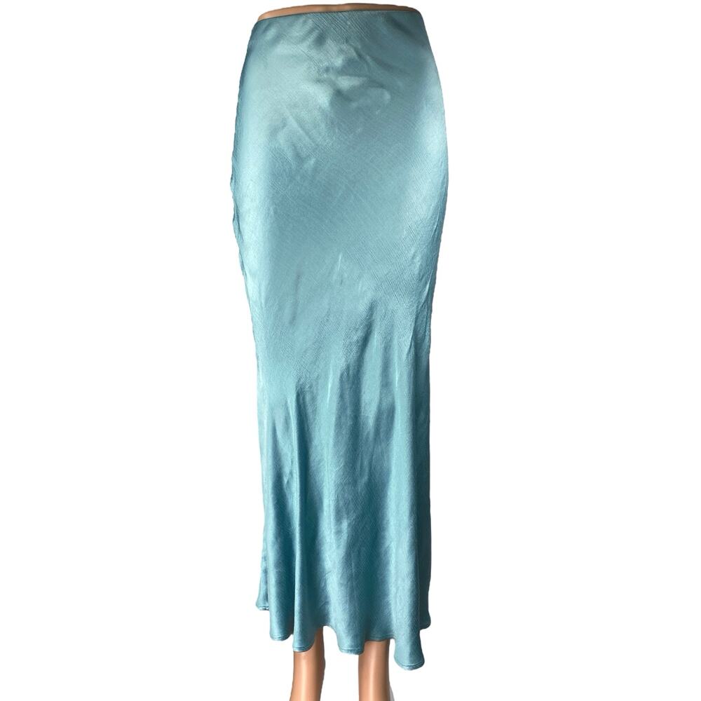 BEC & Bridge Blue Silk Satin High Waisted Pull On Pencil Midi Slip Skirt Size 4
